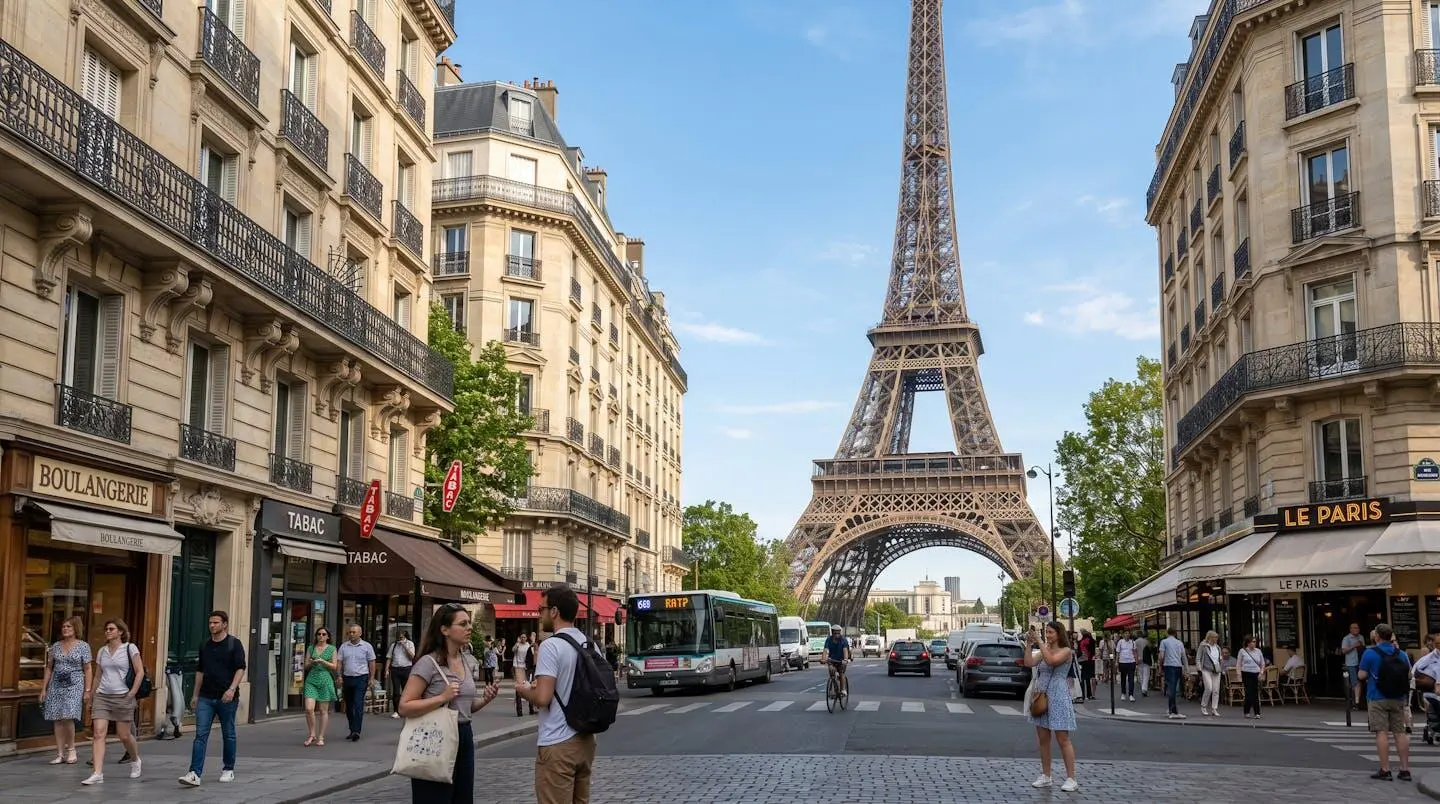 Wide-angle view of the Eiffel Tower from street level in Paris, showing the monument's full scale with tourists and characteristic Parisian architecture in the foreground