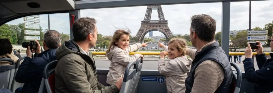 A family of four on the top deck of an open-air sightseeing bus in Paris, with children pointing towards the Eiffel Tower visible in the distance