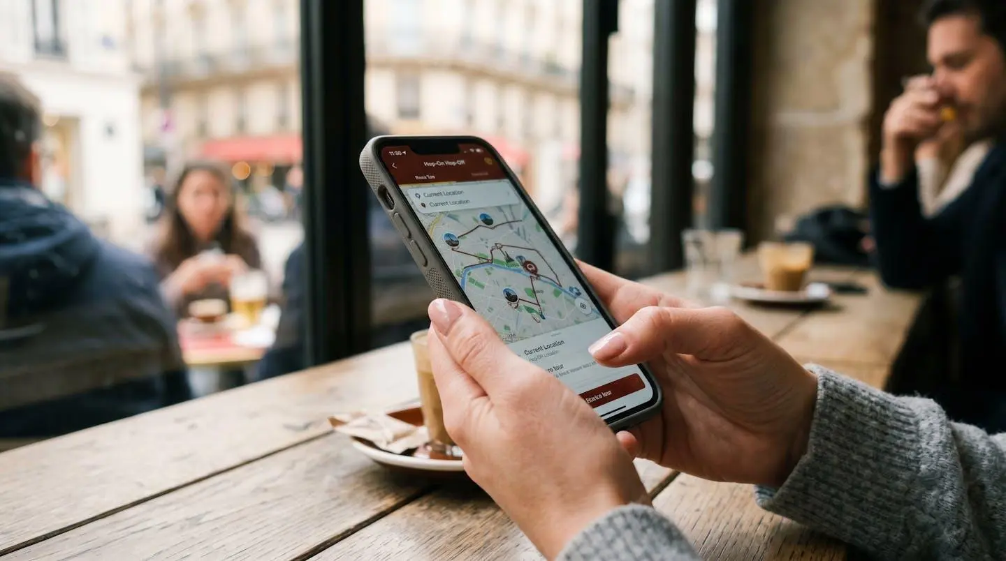 Extreme close-up of hands holding a modern smartphone displaying a bus tour mobile application with an interactive route map on the screen