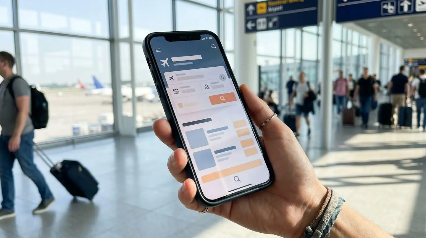 Extreme close-up of a smartphone screen held in someone's hand showing a travel app interface with blurred bus interior visible in the background