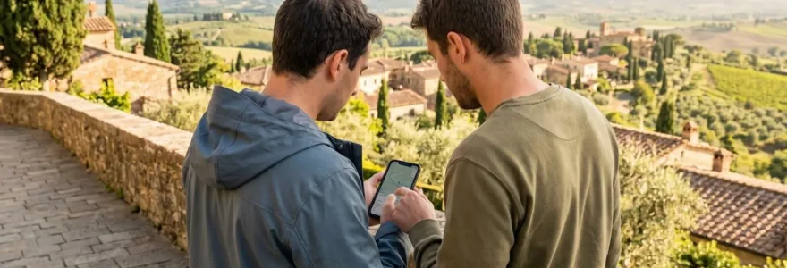 Two travelers seen from behind consulting a smartphone together with soft-focus Tuscan countryside visible in the background during trip planning