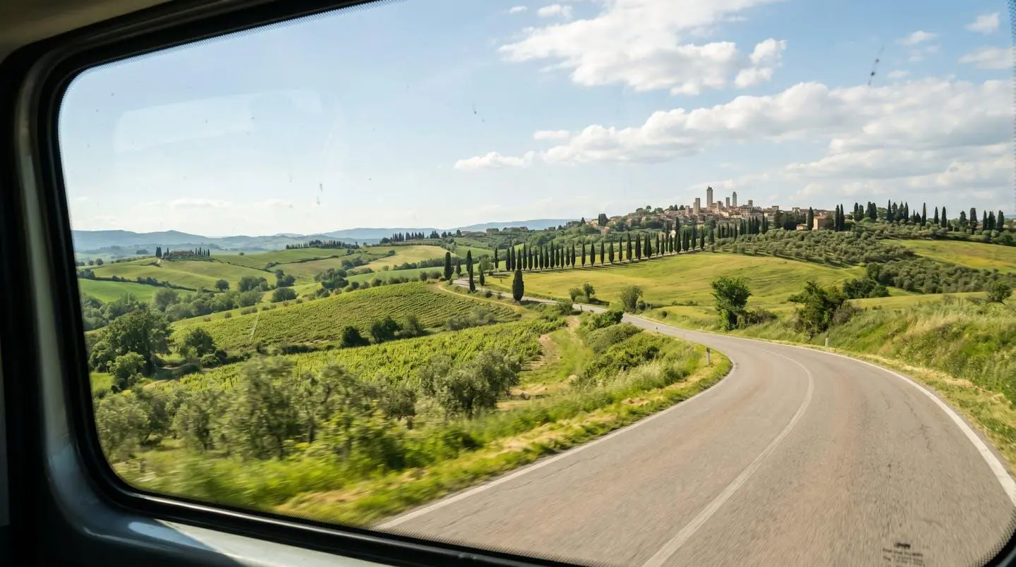 Wide angle view of Tuscan rolling hills with scattered cypress trees visible through a bus window on a sunny day