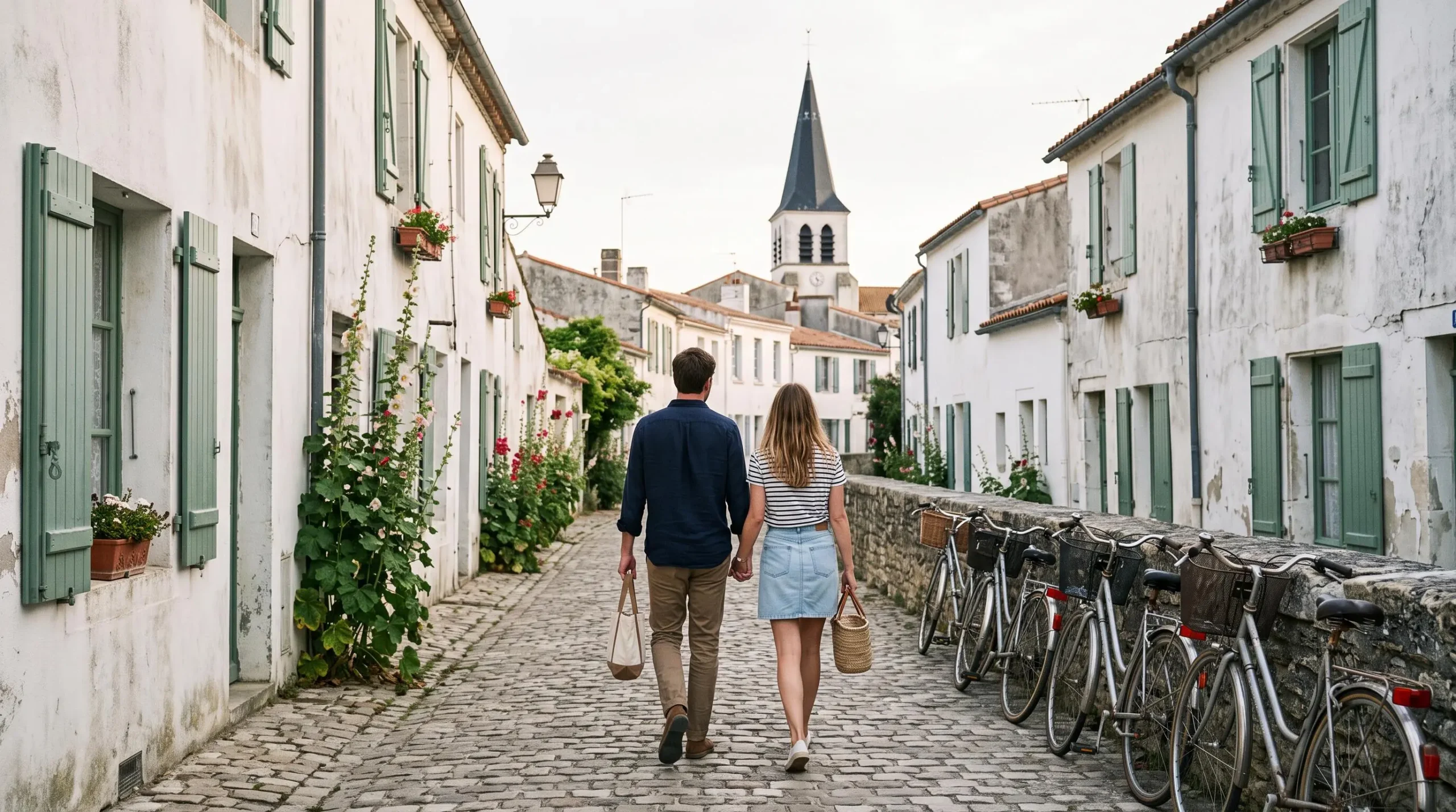 A couple explores a whitewashed harbour village on Île de Ré in the morning.
