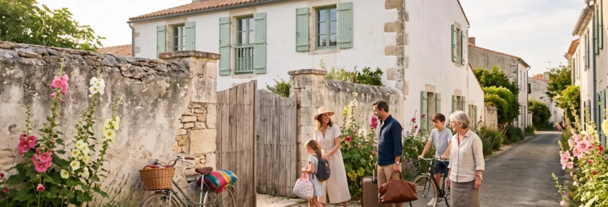 A family arrives with luggage at a whitewashed villa on Île de Ré.