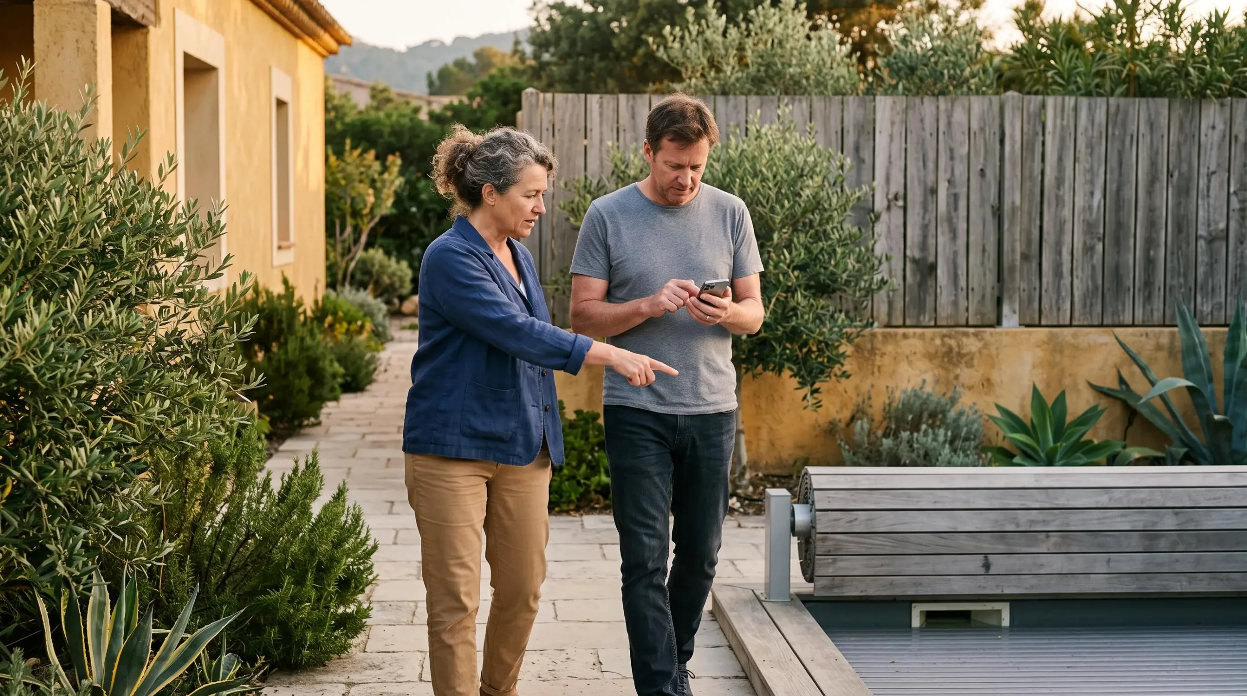 A host and guest inspect the pool area together during a villa check.