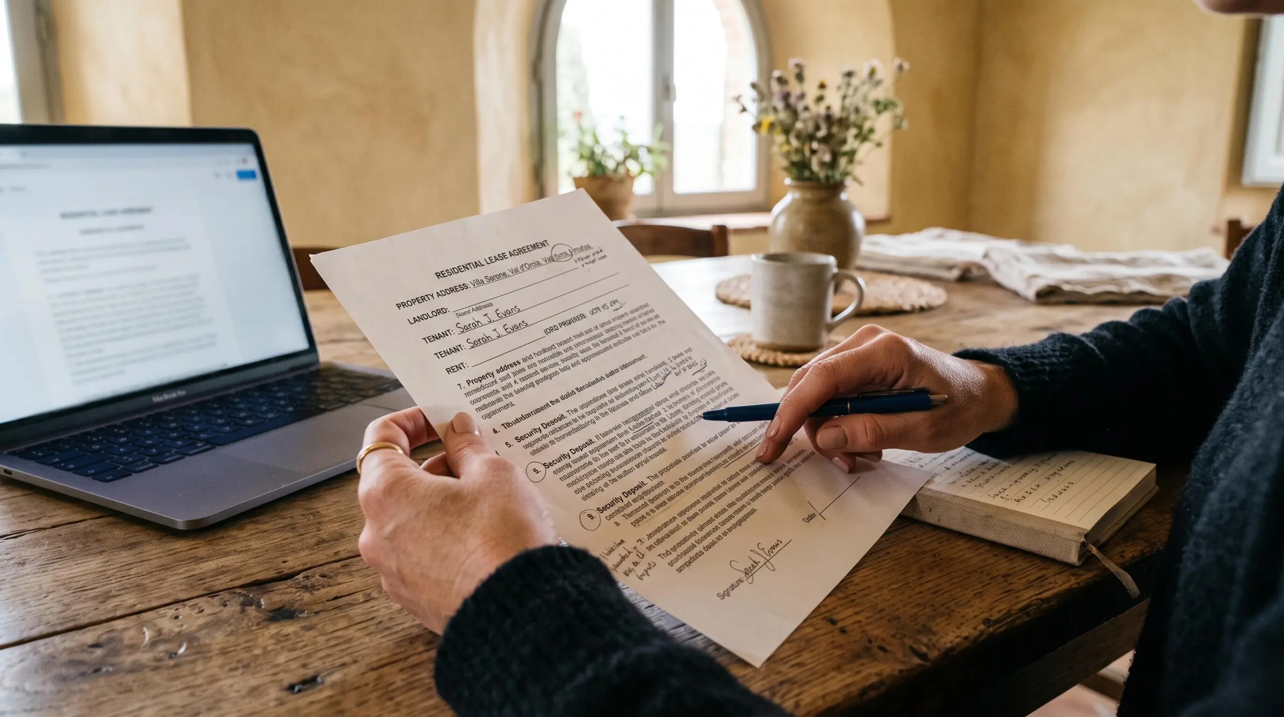 Hands review a printed rental agreement at a wooden table in villa light.